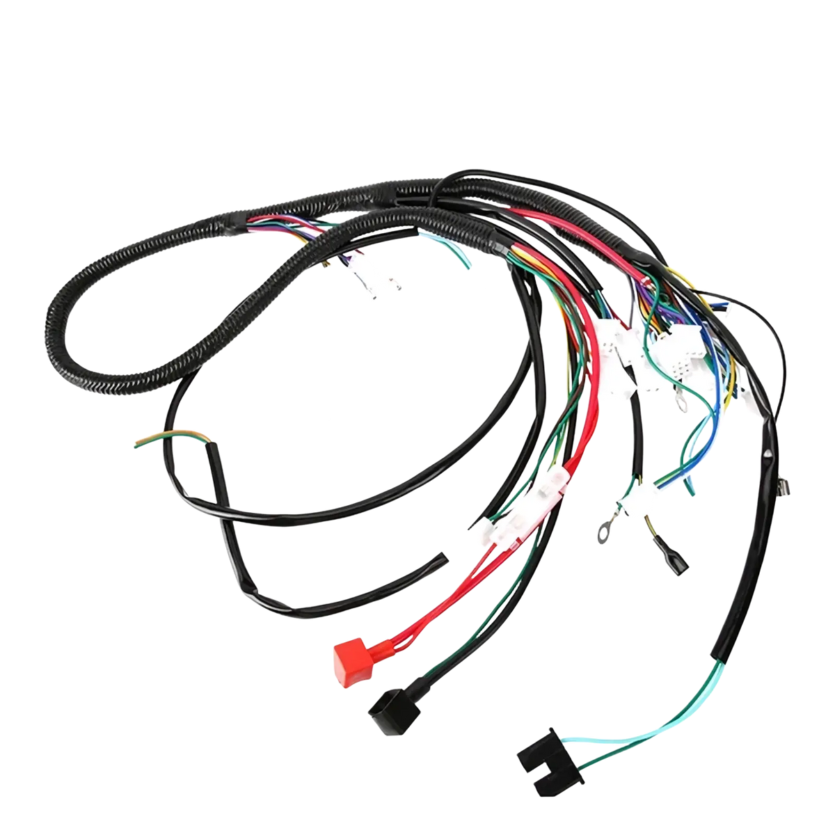 Atv wiring harness made of black corrugated material with multiple colored wires and connectors for offroad go kart assembly