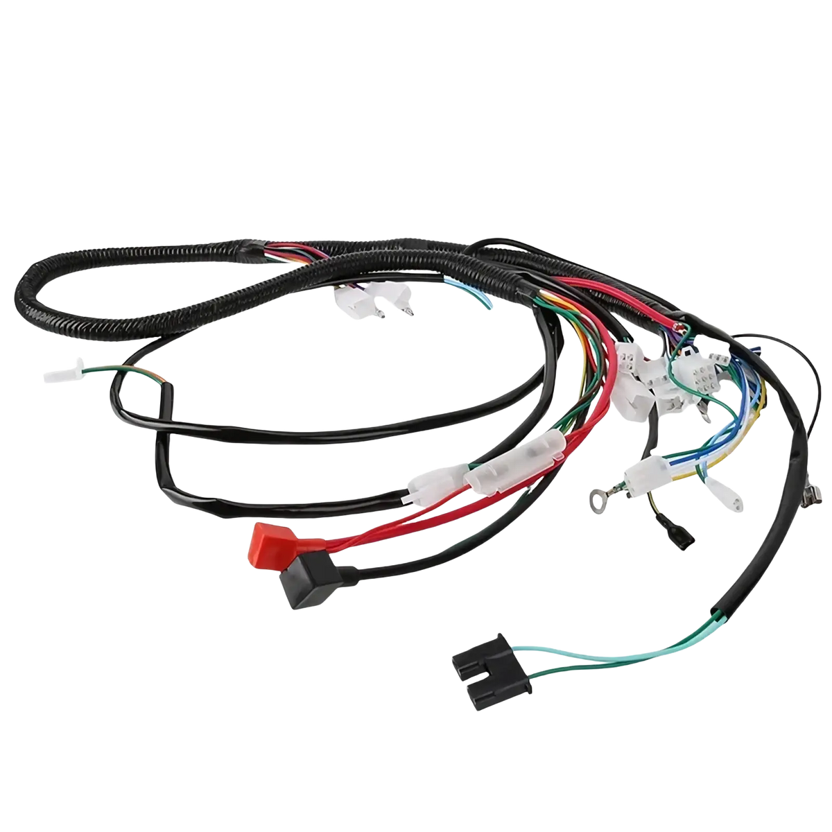 Atv wiring harness with black corrugated sleeve multiple colored wires and connectors for offroad go kart assembly