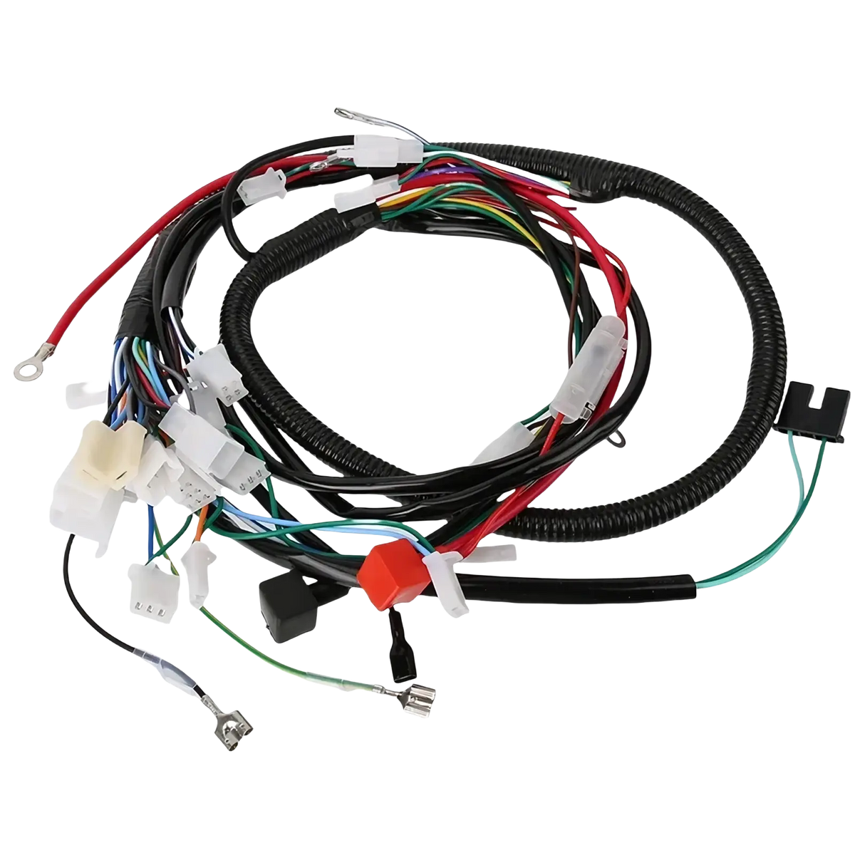 Coiled black atv wiring harness with multiple colored wires and connectors for offroad go kart assembly