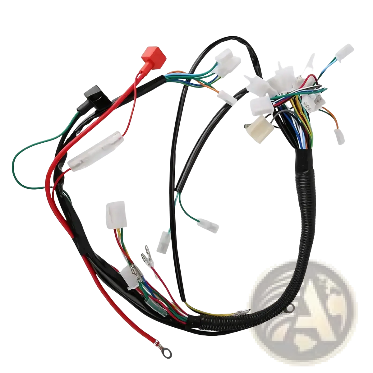 Atv wiring harness with black coiled wiring, multiple colored wires, and white plastic connectors for off-road go karts