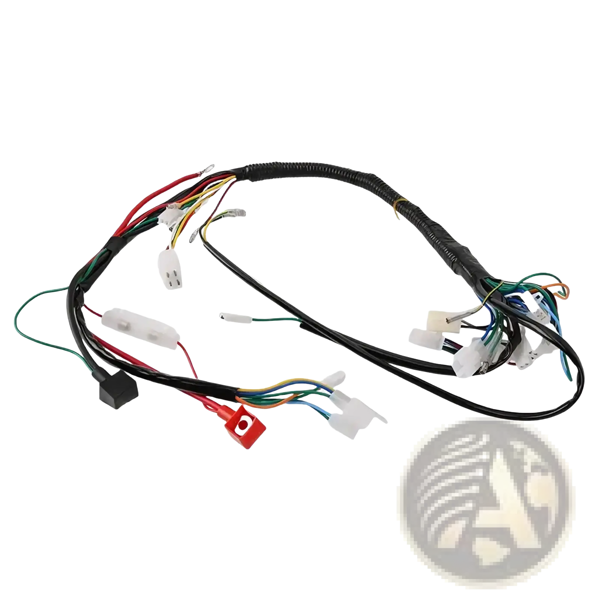 Atv wiring harness featuring black insulated wiring with multiple colored wires and white plastic connectors for off-road go karts