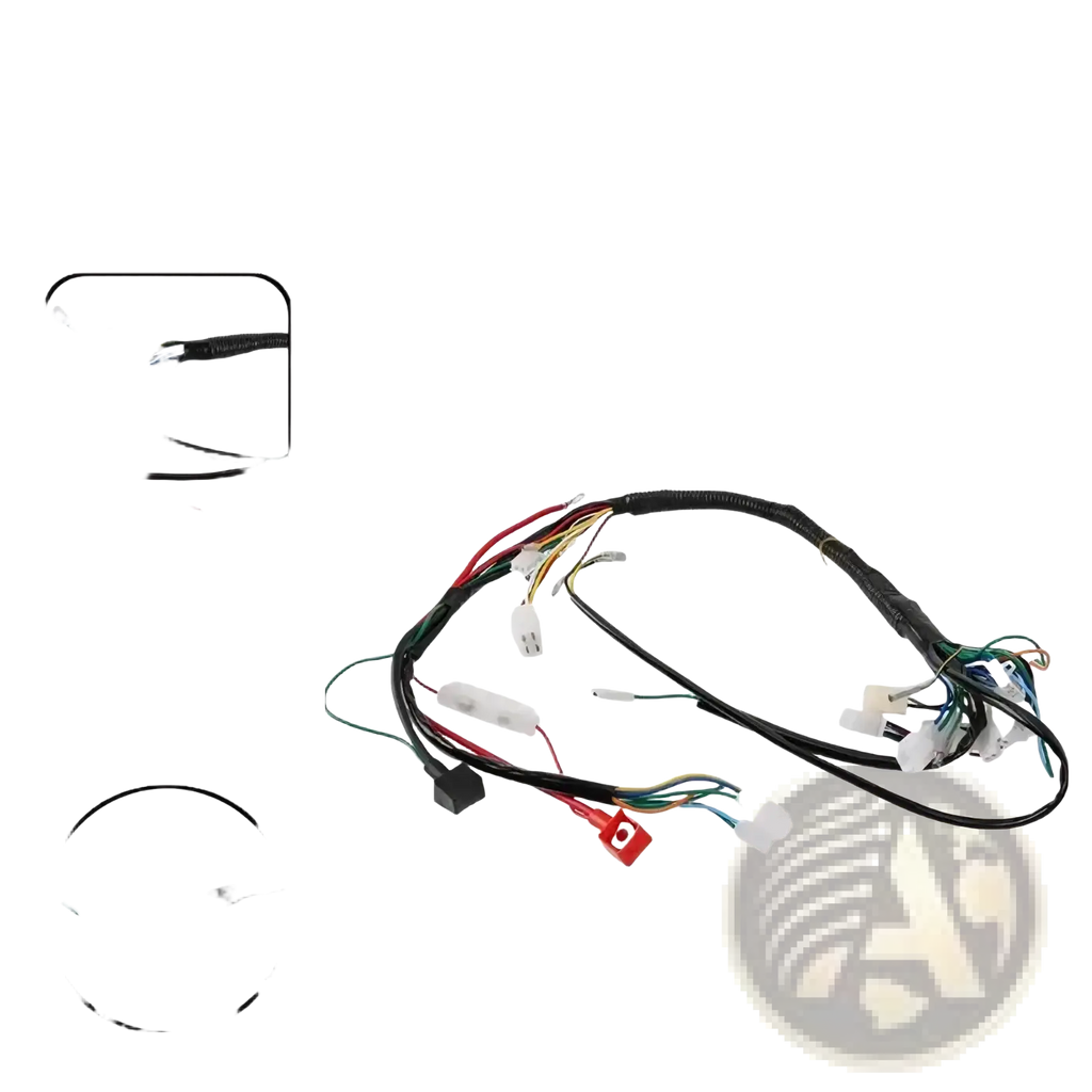 Black insulated atv wiring harness with multiple colored wires and white plastic connectors for off-road go karts by little bull bus