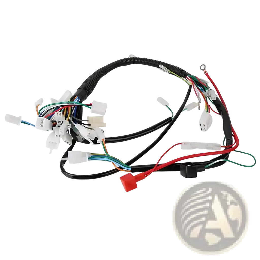 Atv wiring harness with black insulated wiring and multiple colored wires and white plastic connectors for off-road use