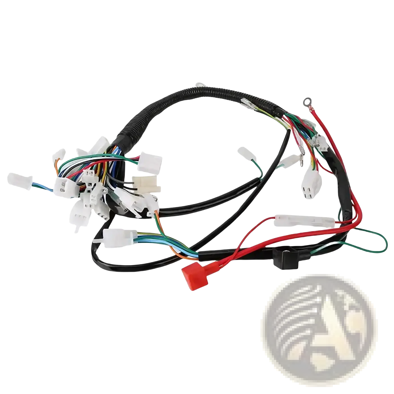 Atv wiring harness with black insulated wiring and multiple colored wires and white plastic connectors for off-road use