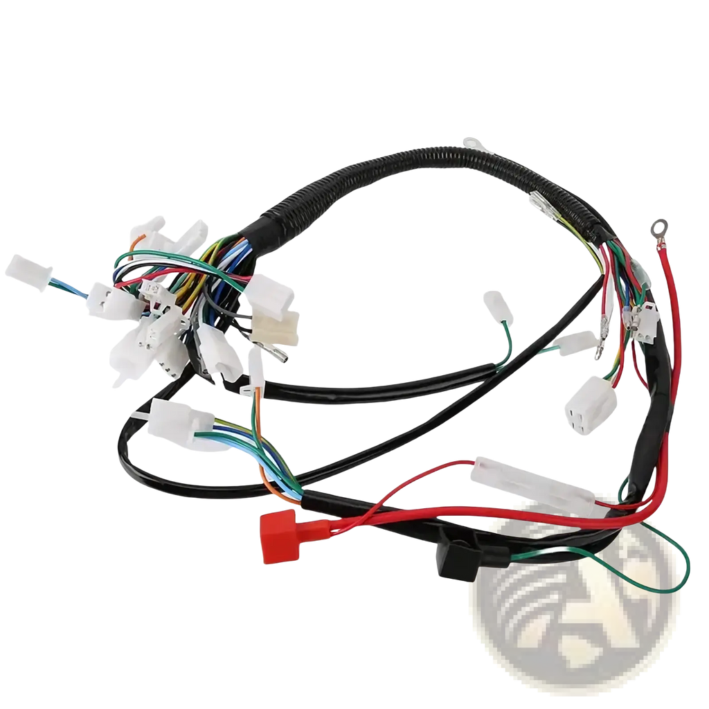 Atv wiring harness with black insulated multi-colored wires and white plastic connectors for off-road go karts