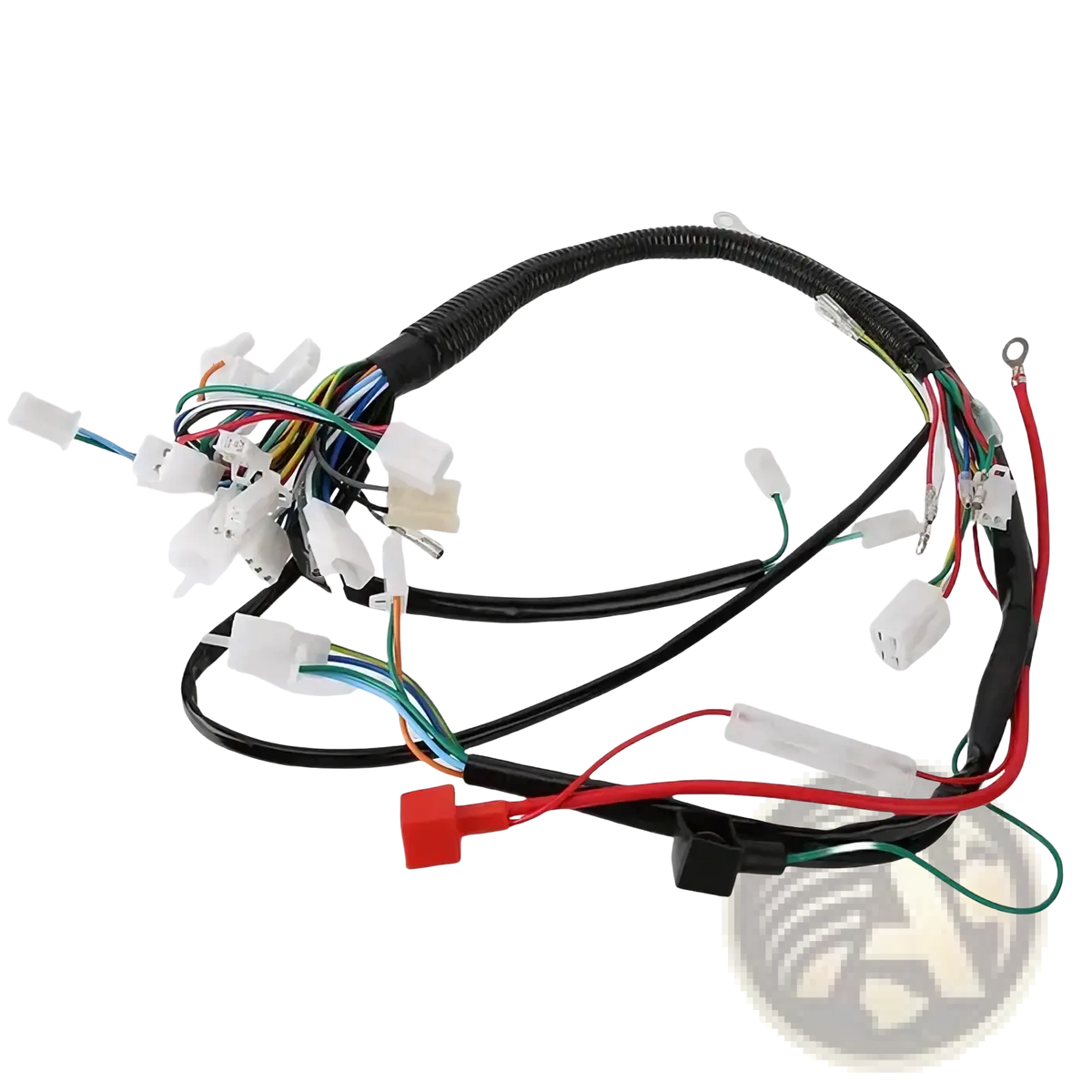 Atv wiring harness with black insulated multi-colored wires and white plastic connectors for off-road go karts