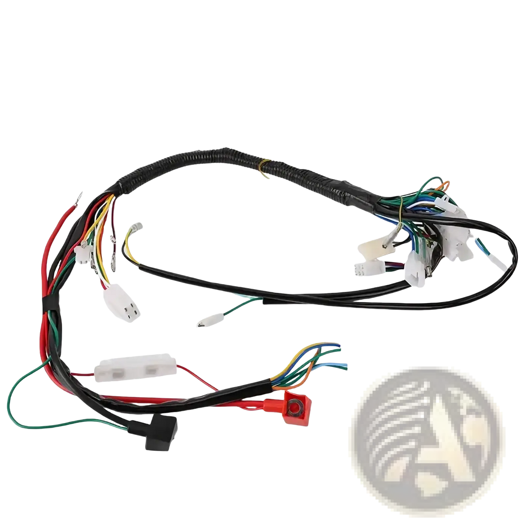 Atv wiring harness with black and multi-colored plastic connectors for off-road go karts