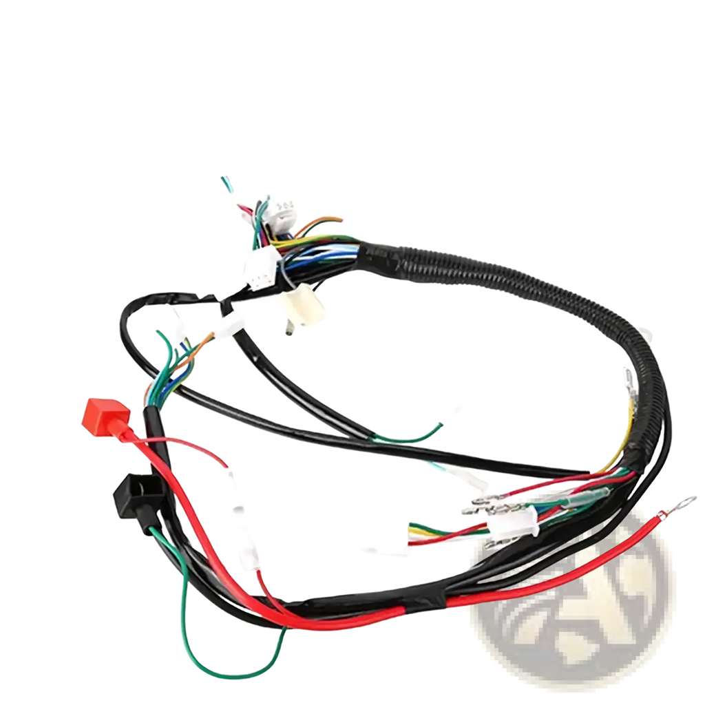 Atv wiring harness with black and red protective sleeve multiple colored wires and connectors for off-road go karts