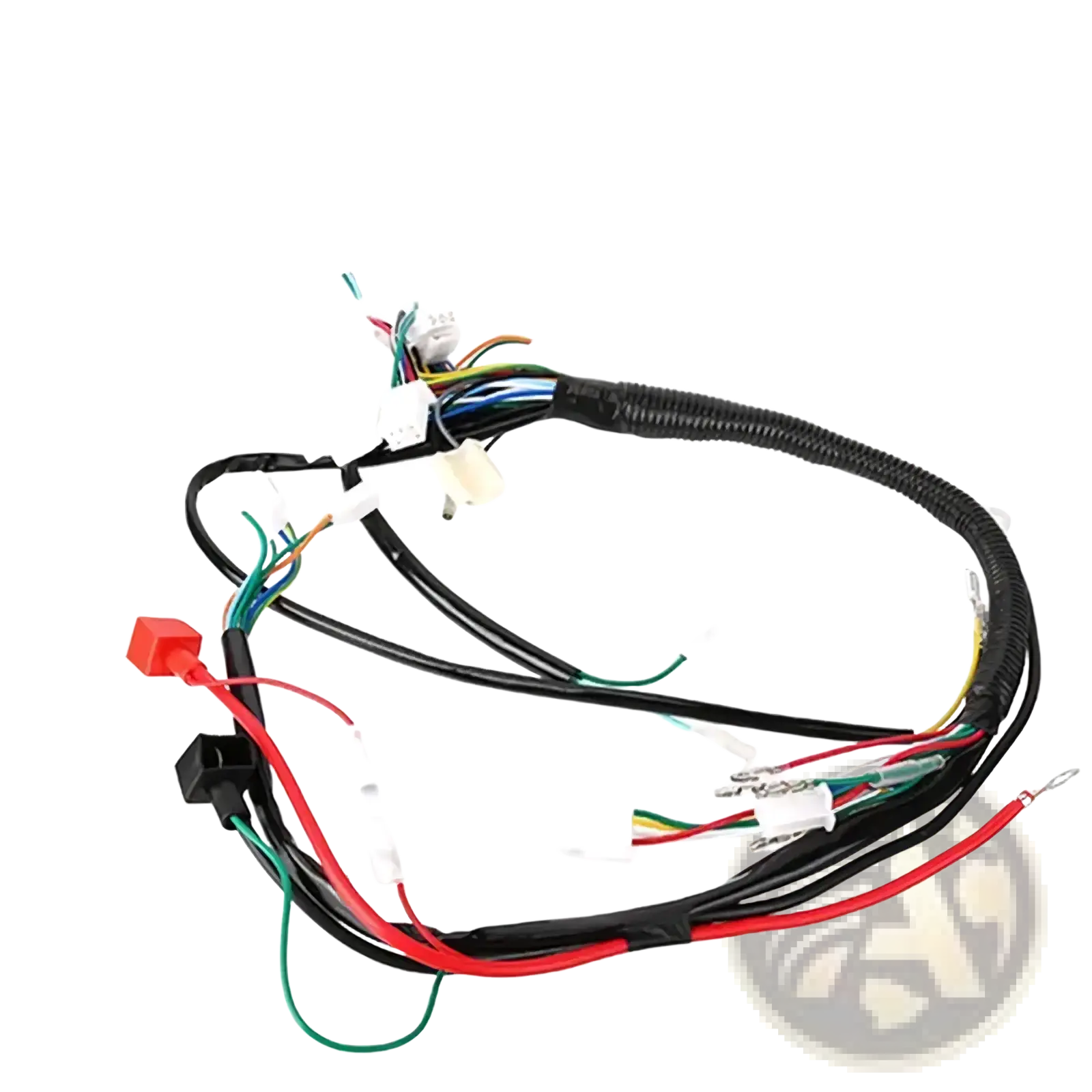 Atv wiring harness with black and red protective sleeve multiple colored wires and connectors for off-road go karts
