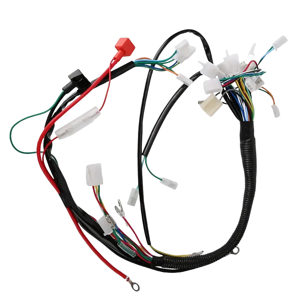 Atv wiring harness with black coiled wiring, multiple colored wires, and white plastic connectors for off-road go karts