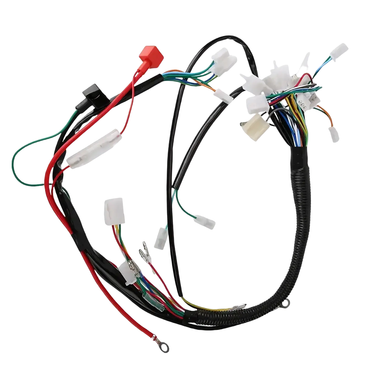 Atv wiring harness with black coiled wiring, multiple colored wires, and white plastic connectors for off-road go karts