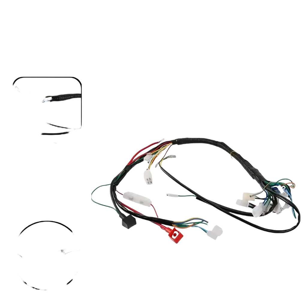 Black insulated atv wiring harness with multiple colored wires and white plastic connectors for off-road go karts by little bull bus