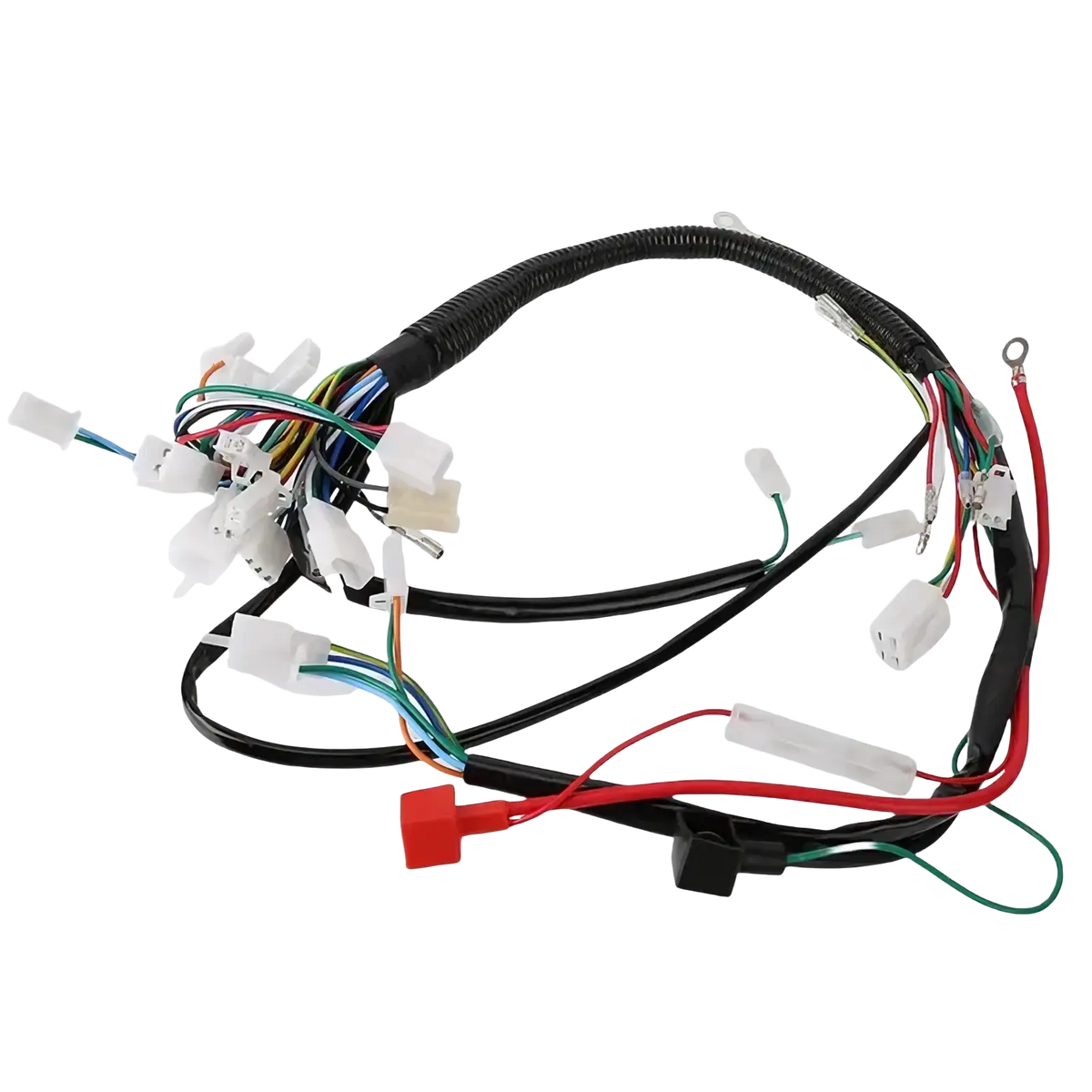 Atv wiring harness with black insulated multi-colored wires and white plastic connectors for off-road go karts