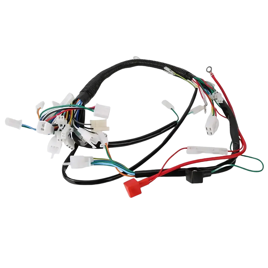 Atv wiring harness with black insulated wiring and multiple colored wires and white plastic connectors for off-road use
