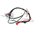 Atv wiring harness with black insulated wiring and multiple colored wires and white plastic connectors for off-road use