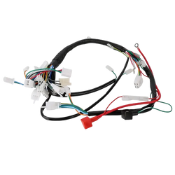 Atv wiring harness with black insulated wiring and multiple colored wires and white plastic connectors for off-road use