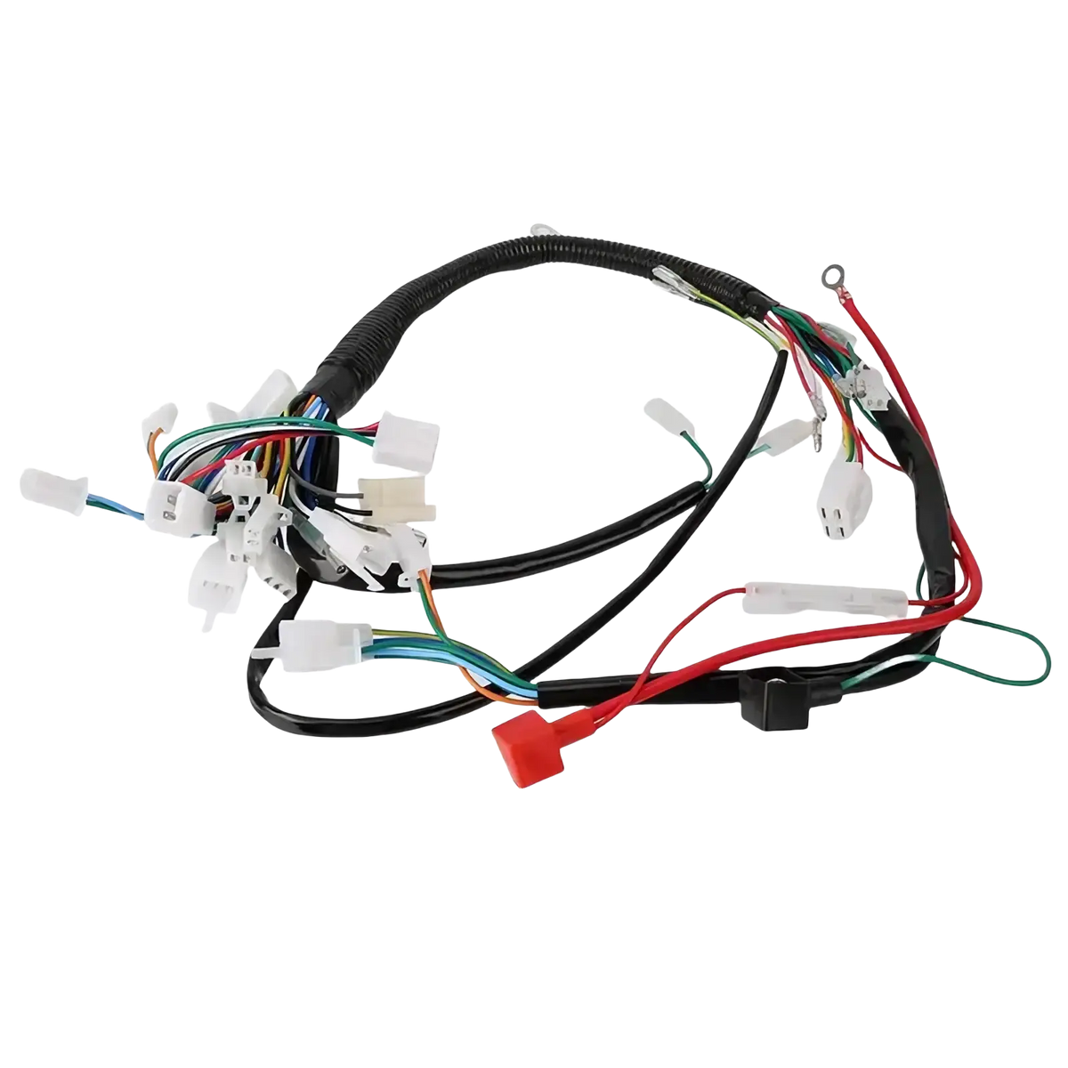 Atv wiring harness with black insulated wiring and multiple colored wires and white plastic connectors for off-road use