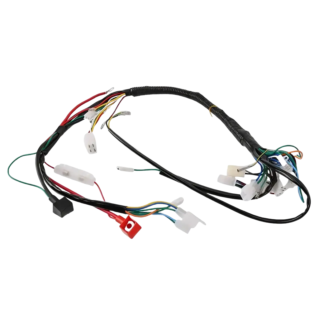 Atv wiring harness featuring black insulated wiring with multiple colored wires and white plastic connectors for off-road go karts
