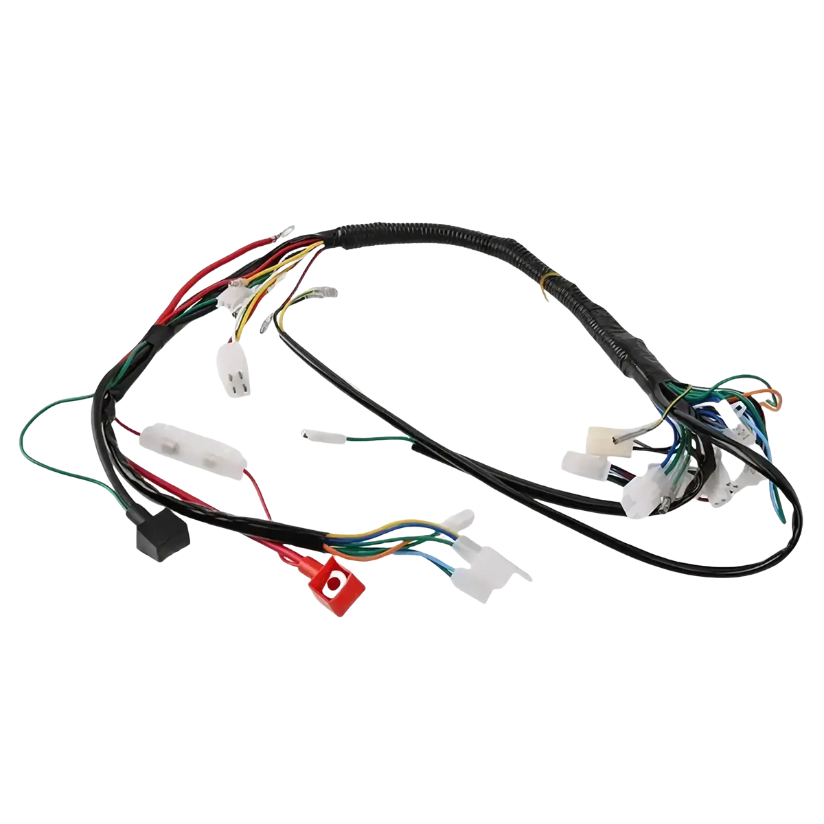 Atv wiring harness featuring black insulated wiring with multiple colored wires and white plastic connectors for off-road go karts