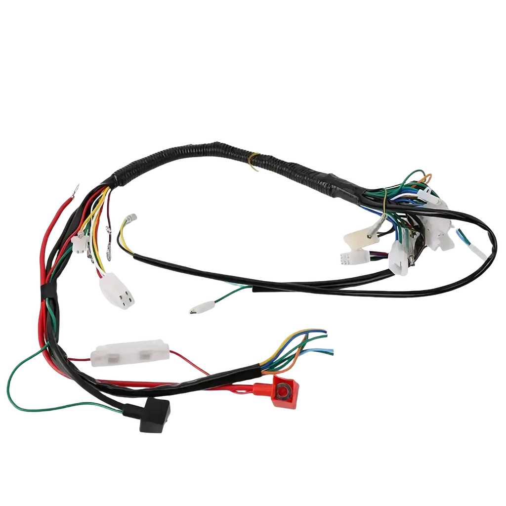 Atv wiring harness with black and multi-colored plastic connectors for off-road go karts