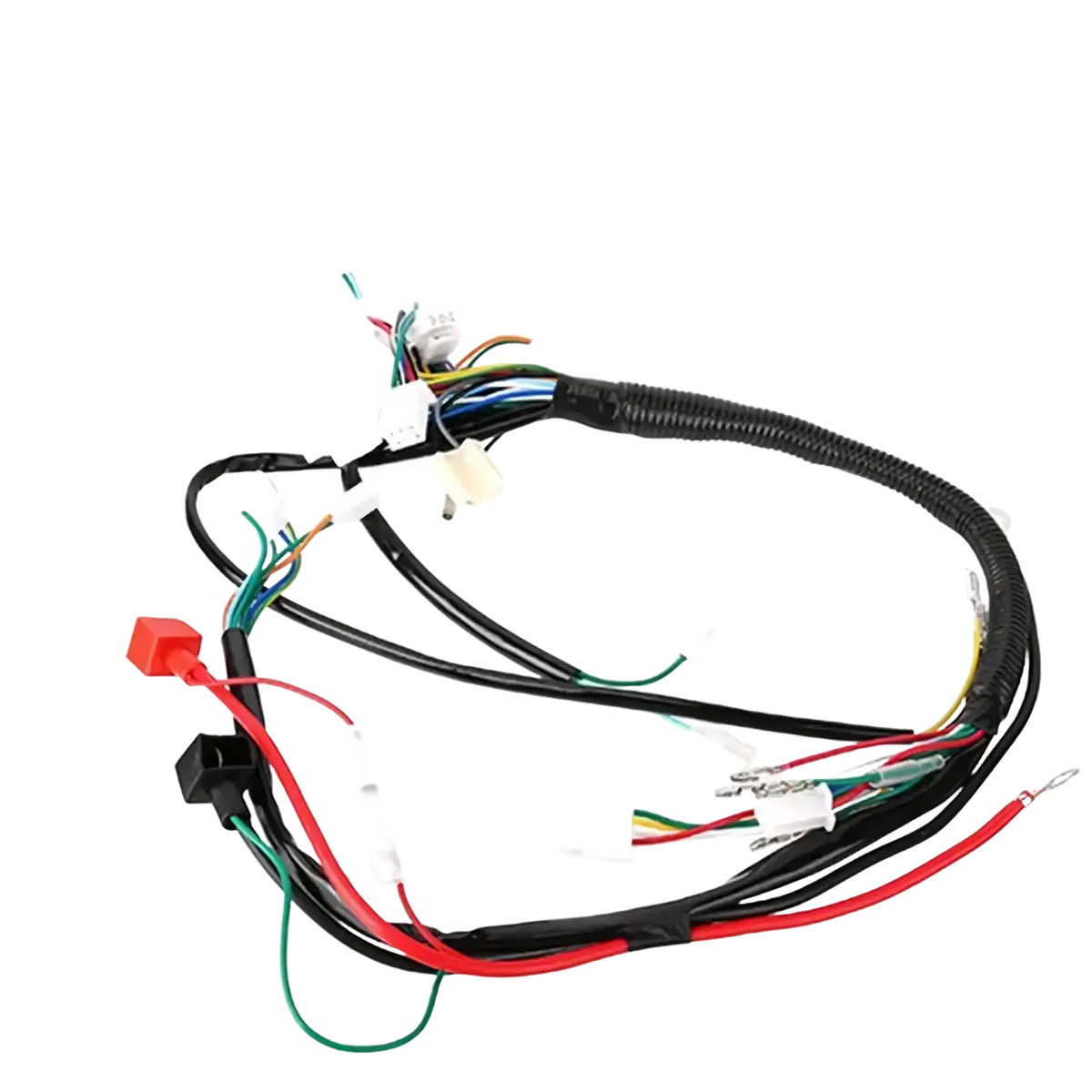 Atv wiring harness with black and red protective sleeve multiple colored wires and connectors for off-road go karts
