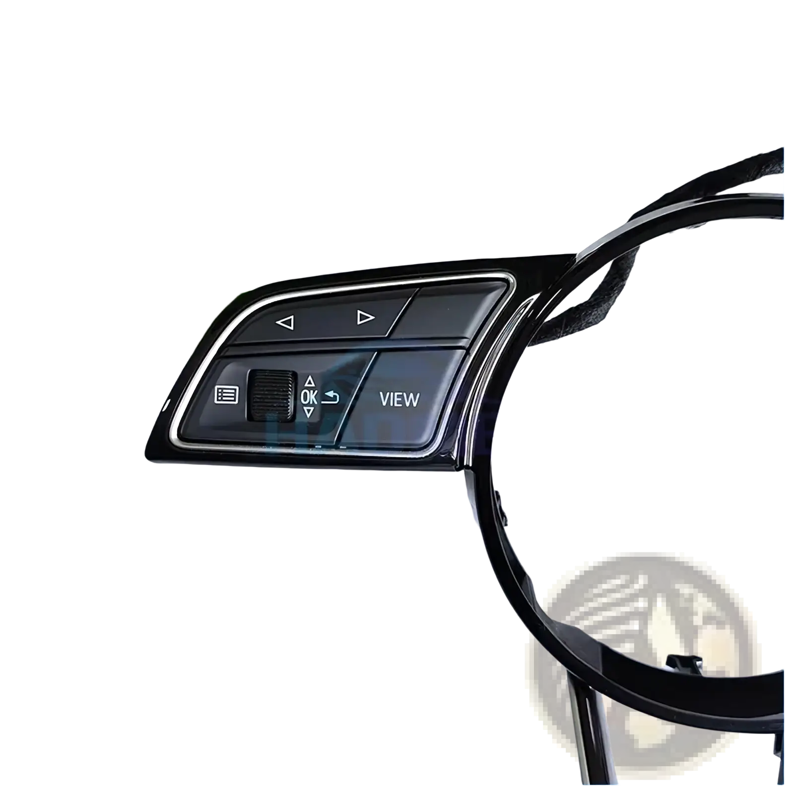 Audi A4 B9 A3 8y black glossy plastic steering wheel control module with silver trim and labeled media volume buttons