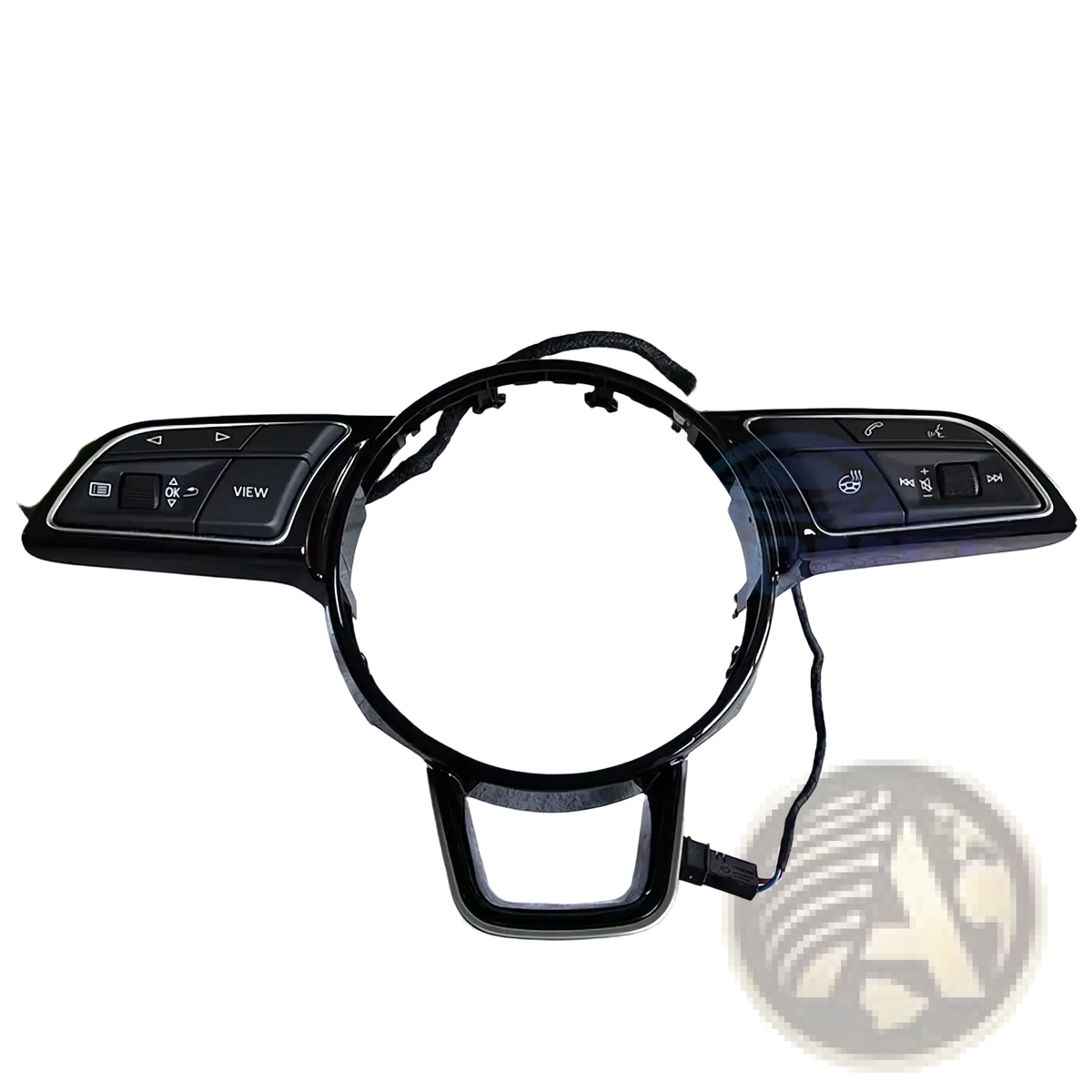 Black plastic Audi A4 B9 A3 8y steering wheel control module with integrated audio cruise and vehicle settings buttons