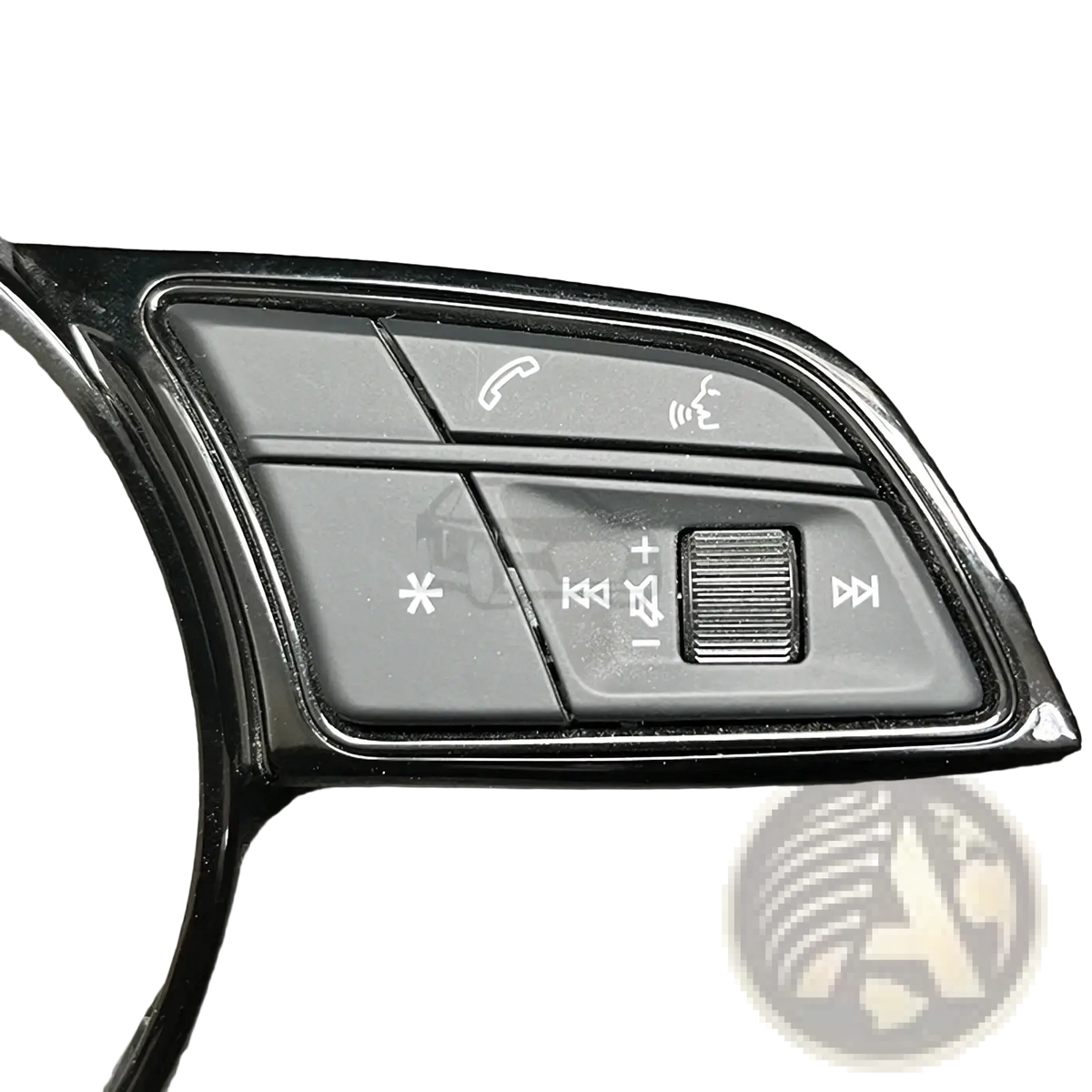 Audi A4 B9 A3 8y black plastic steering wheel control module with silver trim and tactile media function buttons