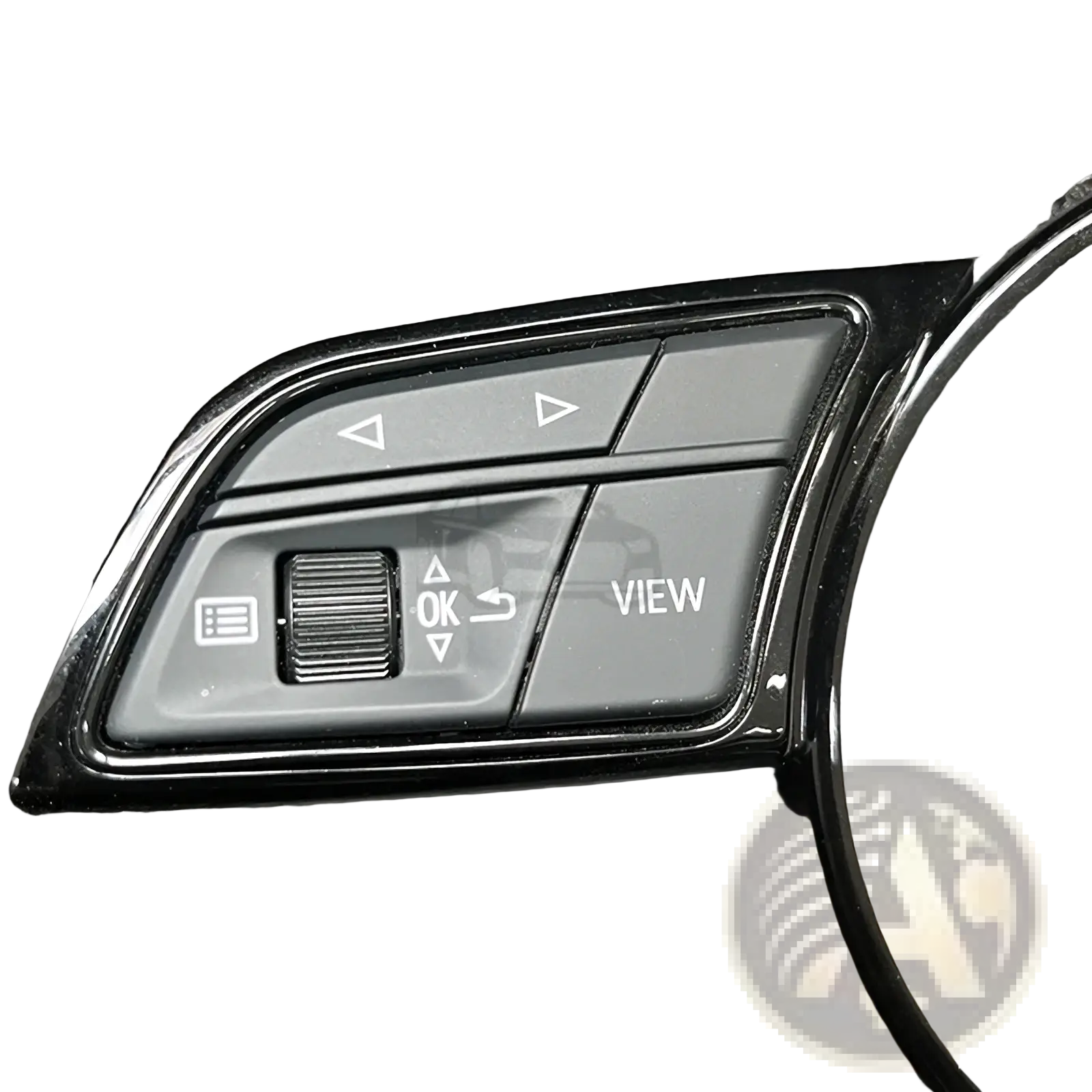 Audi A4 B9 A3 8y black plastic steering wheel control module with silver trim and gray directional buttons