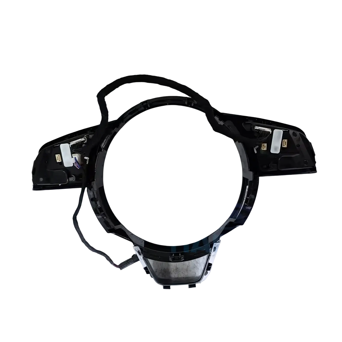 Back side of black plastic audi a4 b9 a3 8y steering wheel control module with integrated wiring and mounting hardware