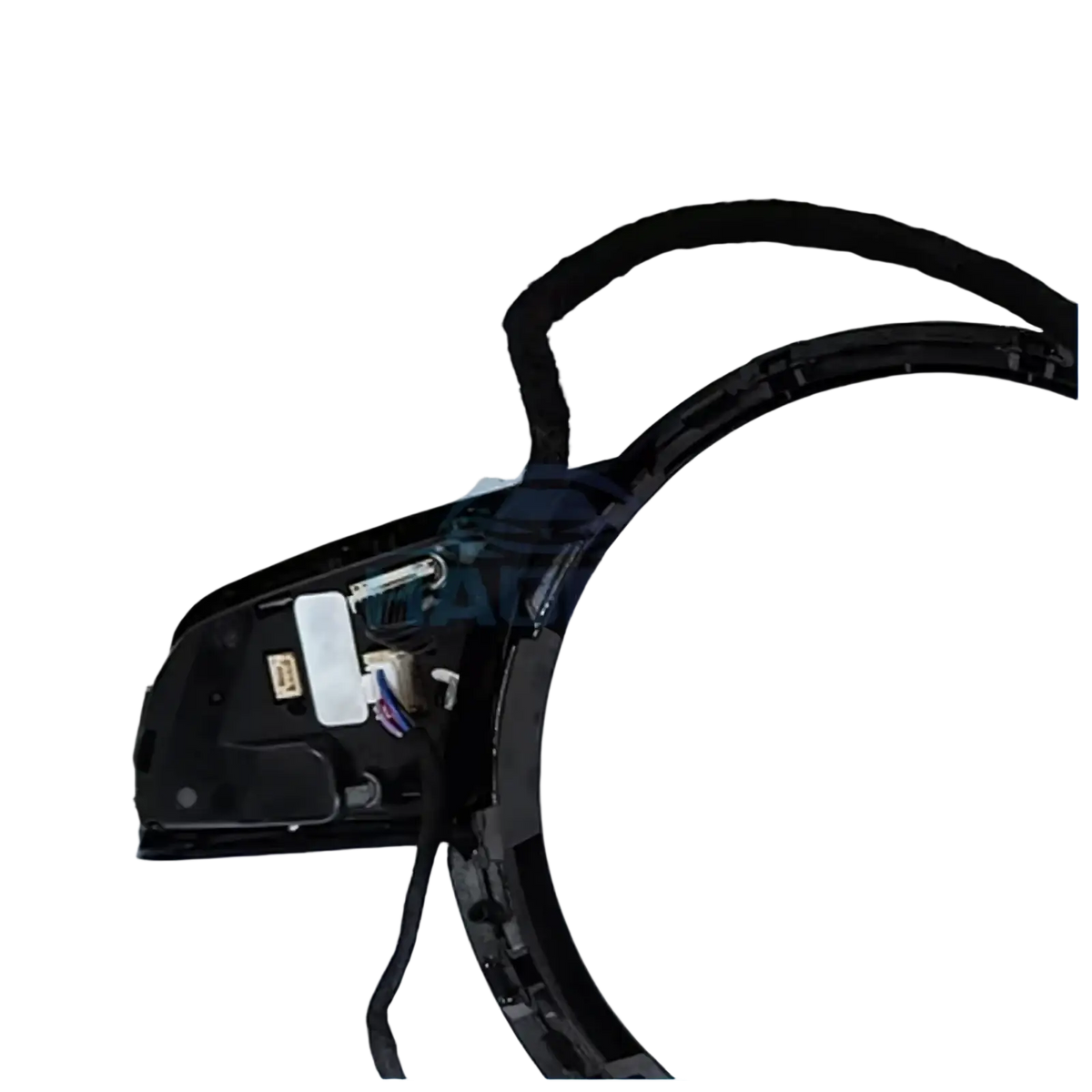 Black plastic audi a4 b9 a3 8y steering wheel control module with integrated wiring and curved padded grip shown from back