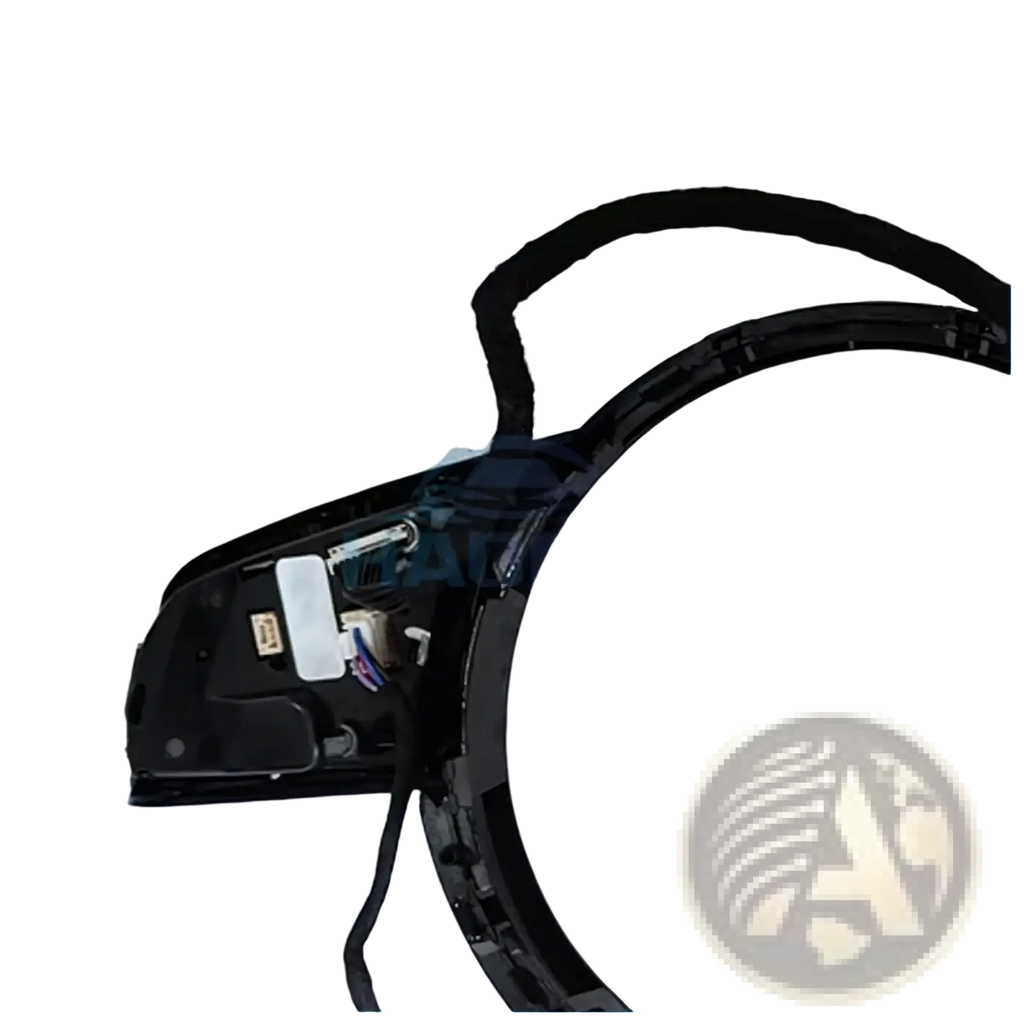 Black plastic audi a4 b9 a3 8y steering wheel control module with integrated wiring and curved padded grip shown from back