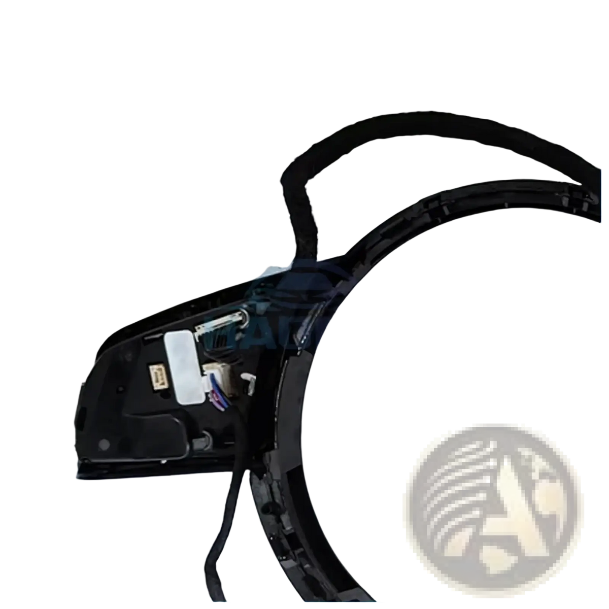 Black plastic audi a4 b9 a3 8y steering wheel control module with integrated wiring and curved padded grip shown from back