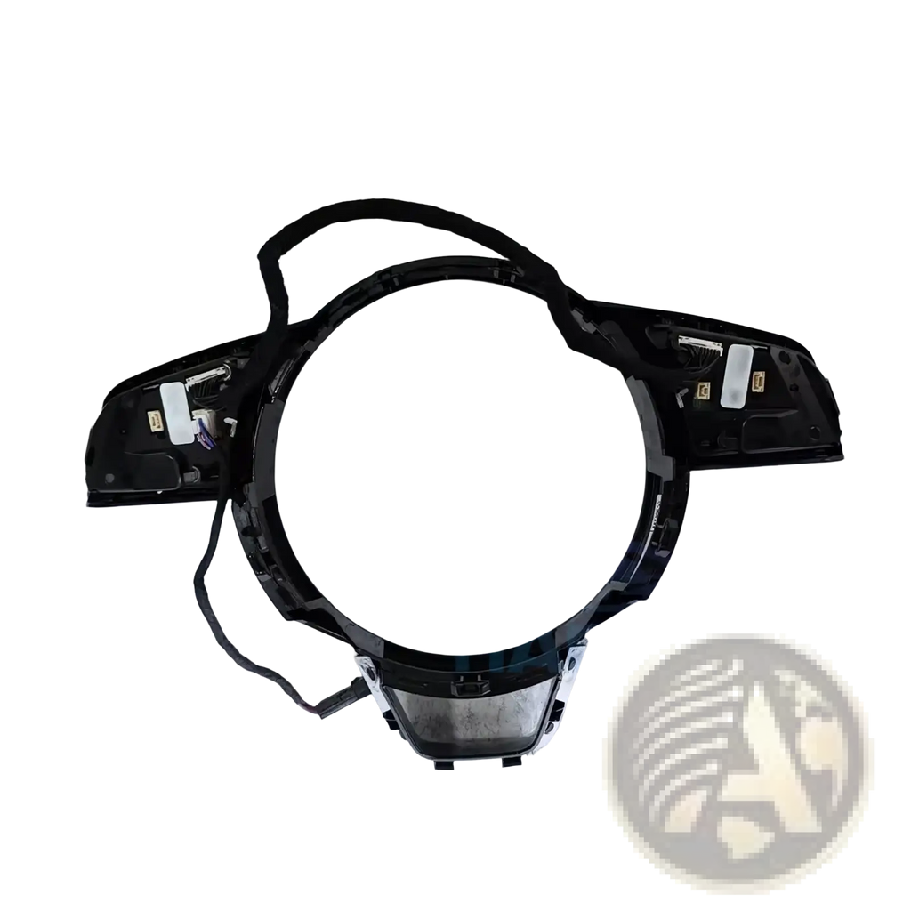 Back side of black plastic audi a4 b9 a3 8y steering wheel control module with integrated wiring and mounting hardware
