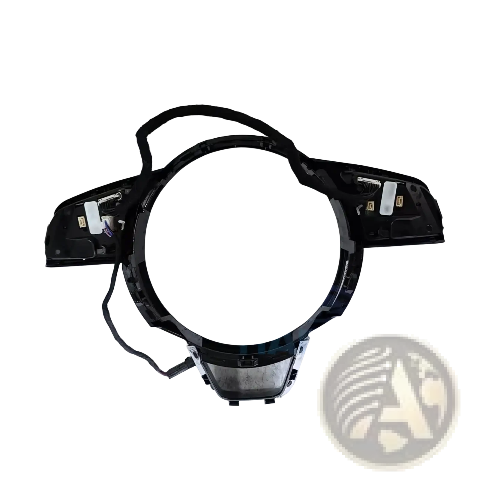 Back side of black plastic audi a4 b9 a3 8y steering wheel control module with integrated wiring and mounting hardware
