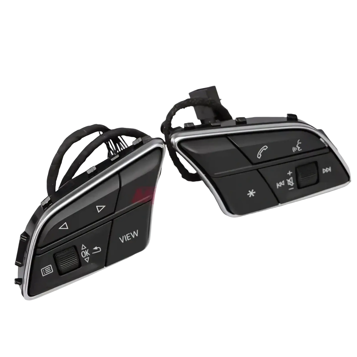 Black and silver audi a4 b9 a3 8y steering wheel control modules with integrated media phone and climate buttons