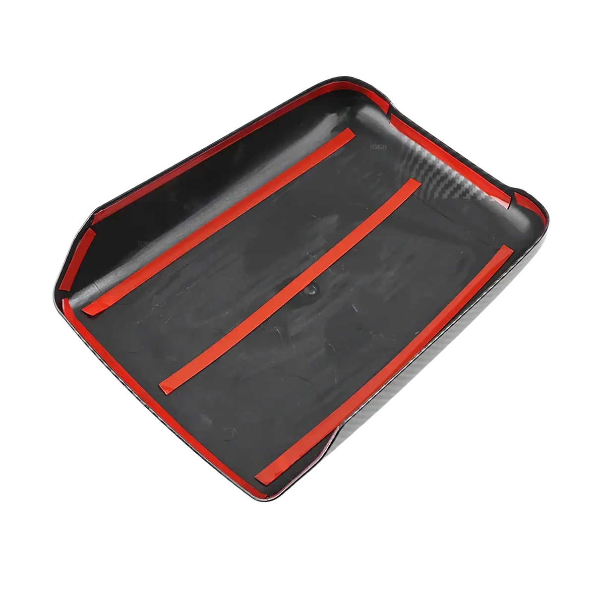 Black carbon fiber trunk lid trim with red accent strips for Audi A4 B9 A5 carbon console armrest cover back side view
