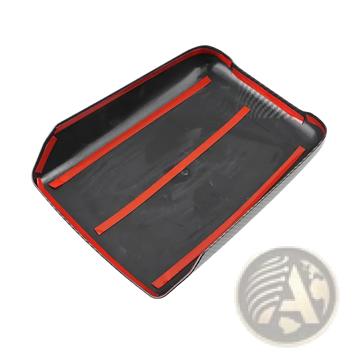 Black carbon fiber trunk lid trim with red accent strips for Audi A4 B9 A5 carbon console armrest cover back side view