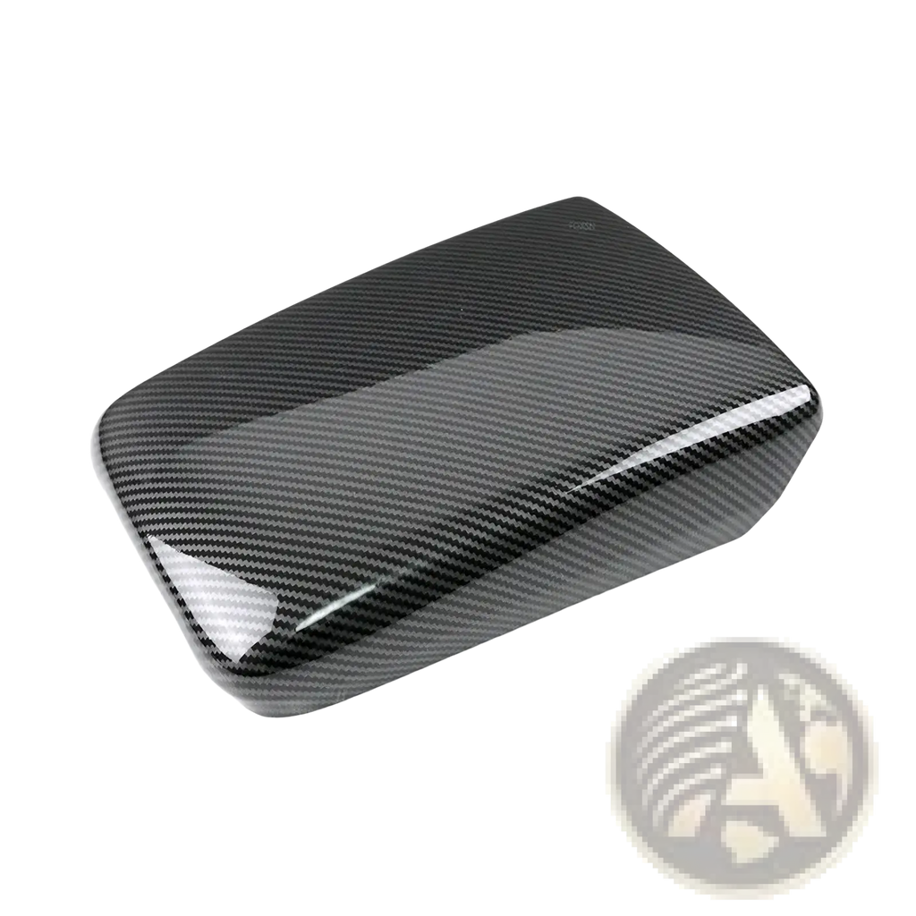 Audi a4 b9 a5 carbon console armrest cover with black carbon fiber texture and glossy finish