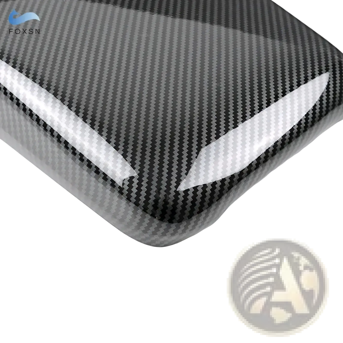 Black carbon fiber textured audi a4 b9 a5 console armrest cover with glossy white accent stripes visible on back side