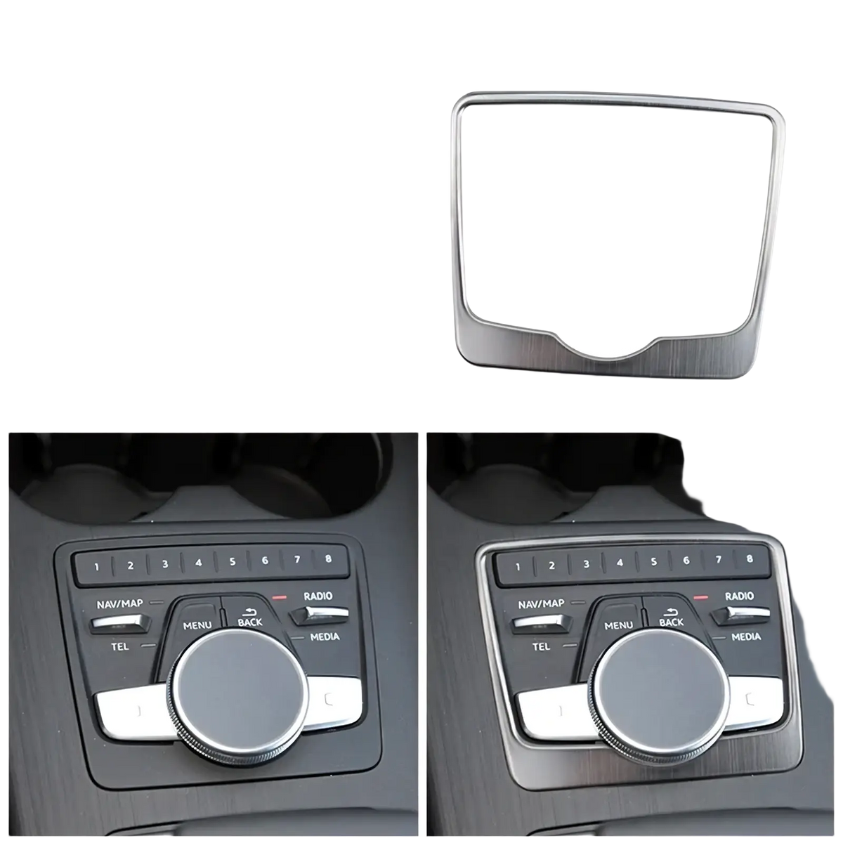 Stainless steel framed multimedia button sticker in silver for audi a4 b9 a5 gear panel and cup holder trim