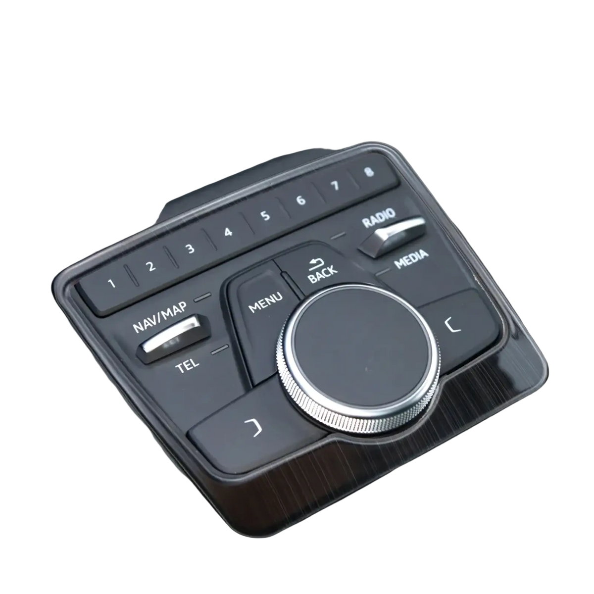 Black and silver audi a4 b9 a5 gear panel cup holder trim with brushed metal center knob labeled gearuis