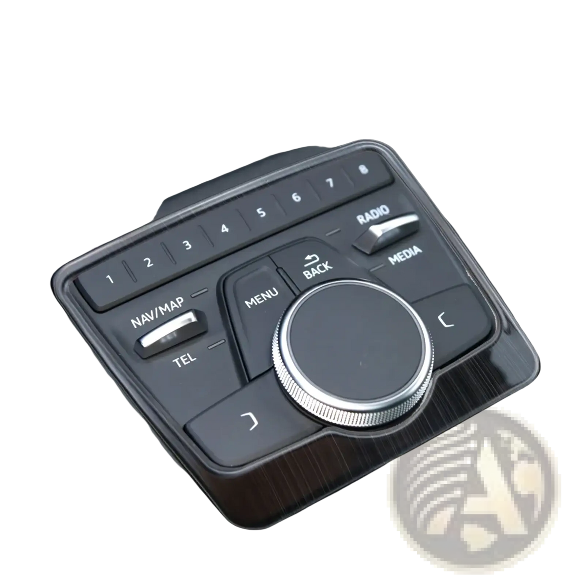 Black and silver audi a4 b9 a5 gear panel cup holder trim with brushed metal center knob labeled gearuis