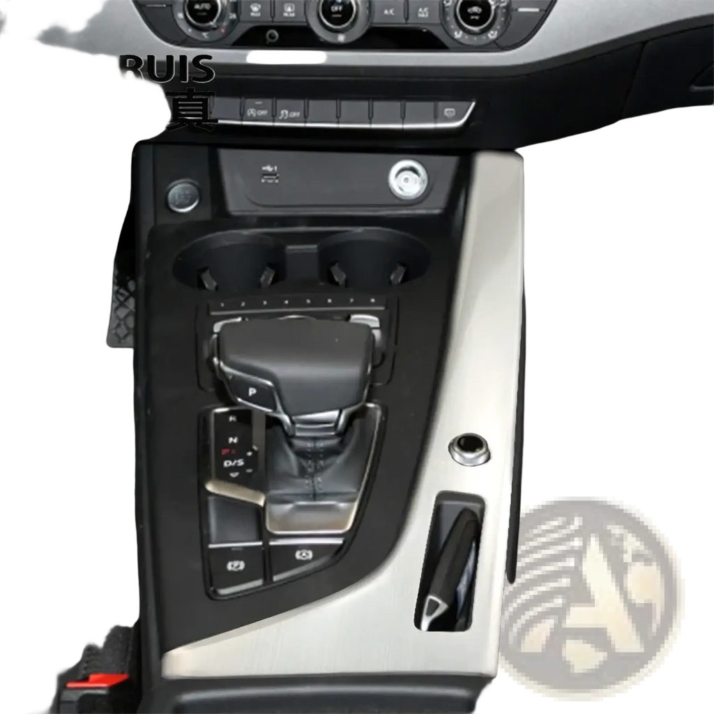 Silver metallic center console trim with black accents and integrated cup holders for audi a4 b9 a5 gear panel
