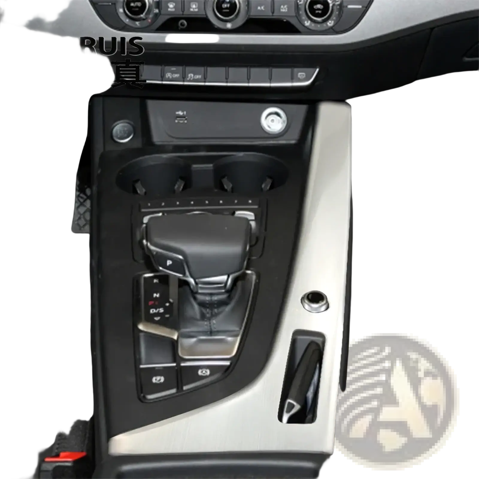 Silver metallic center console trim with black accents and integrated cup holders for audi a4 b9 a5 gear panel