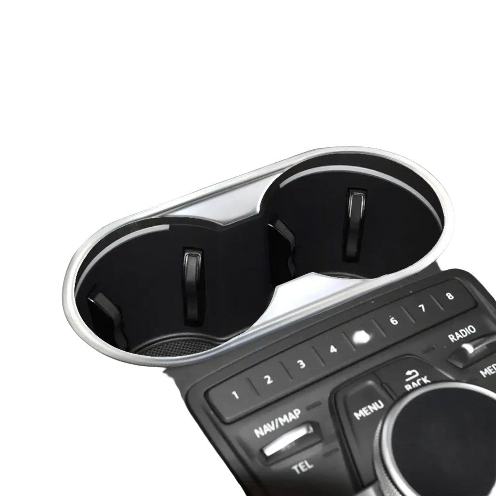 Silver metallic cup holder insert with black interior for audi a4 b9 a5 gear panel trim featuring modern design