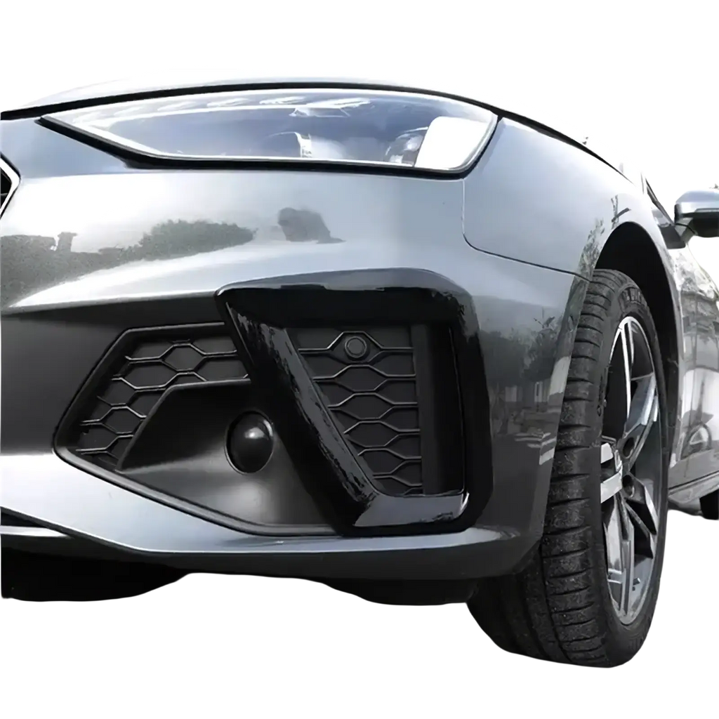 Black glossy front air intake grille with hexagonal mesh pattern for Audi A4 B9 fog lamp cover 2020 2024