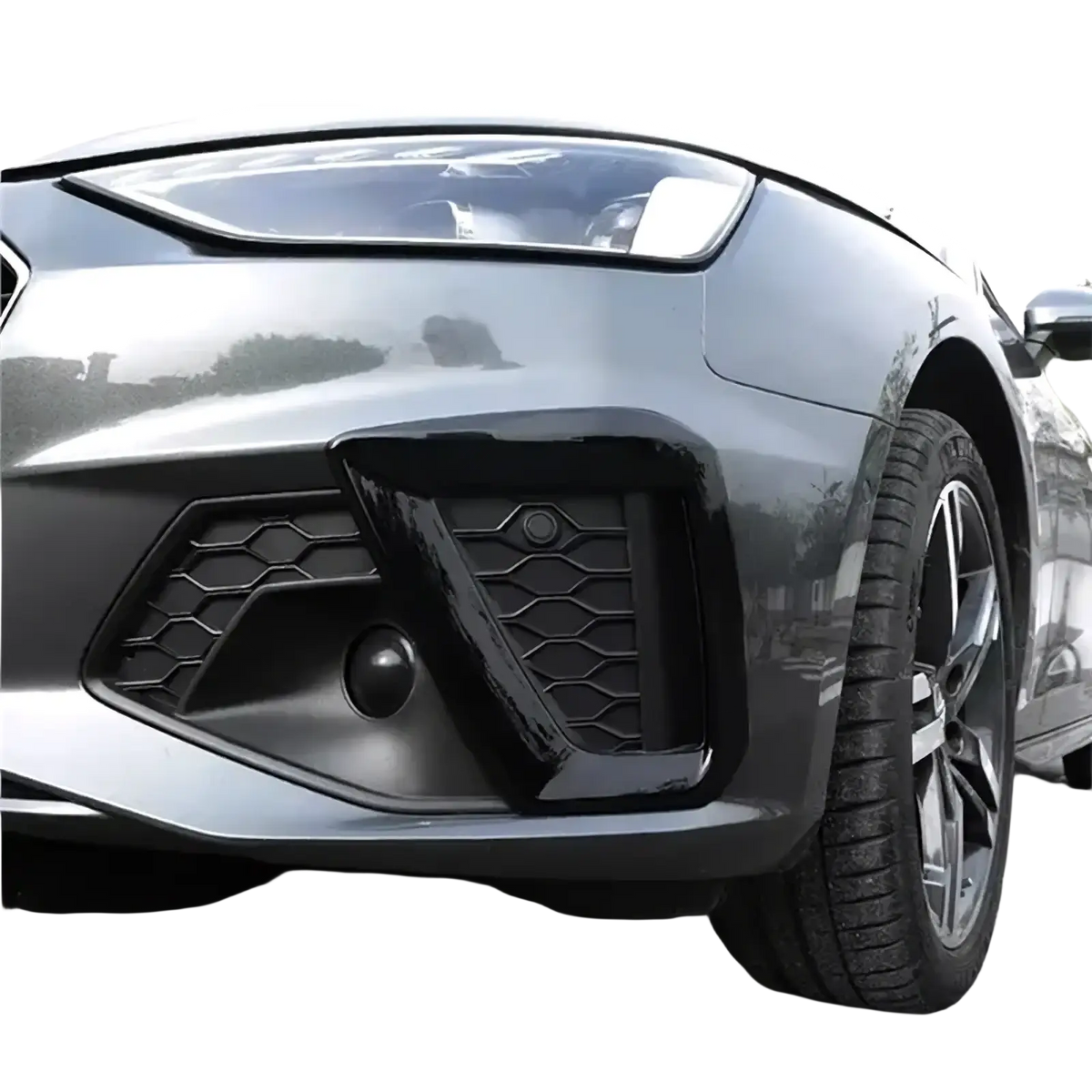 Black glossy front air intake grille with hexagonal mesh pattern for Audi A4 B9 fog lamp cover 2020 2024