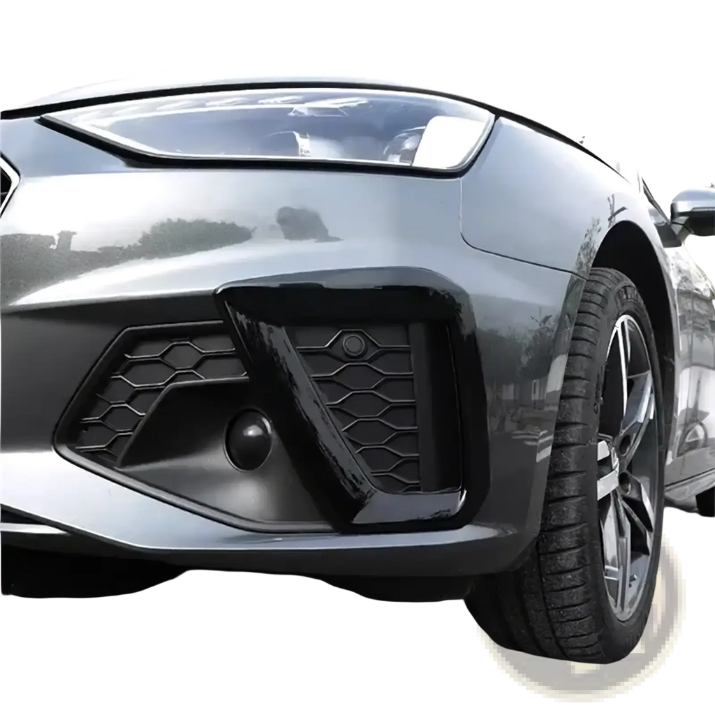 Black glossy front air intake grille with hexagonal mesh pattern for Audi A4 B9 fog lamp cover 2020 2024