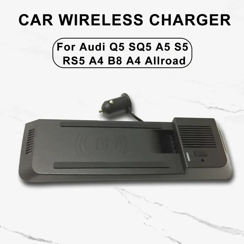 Black wireless car charger with sleek rectangular design and integrated cigarette lighter plug for audi a4 q5 cars